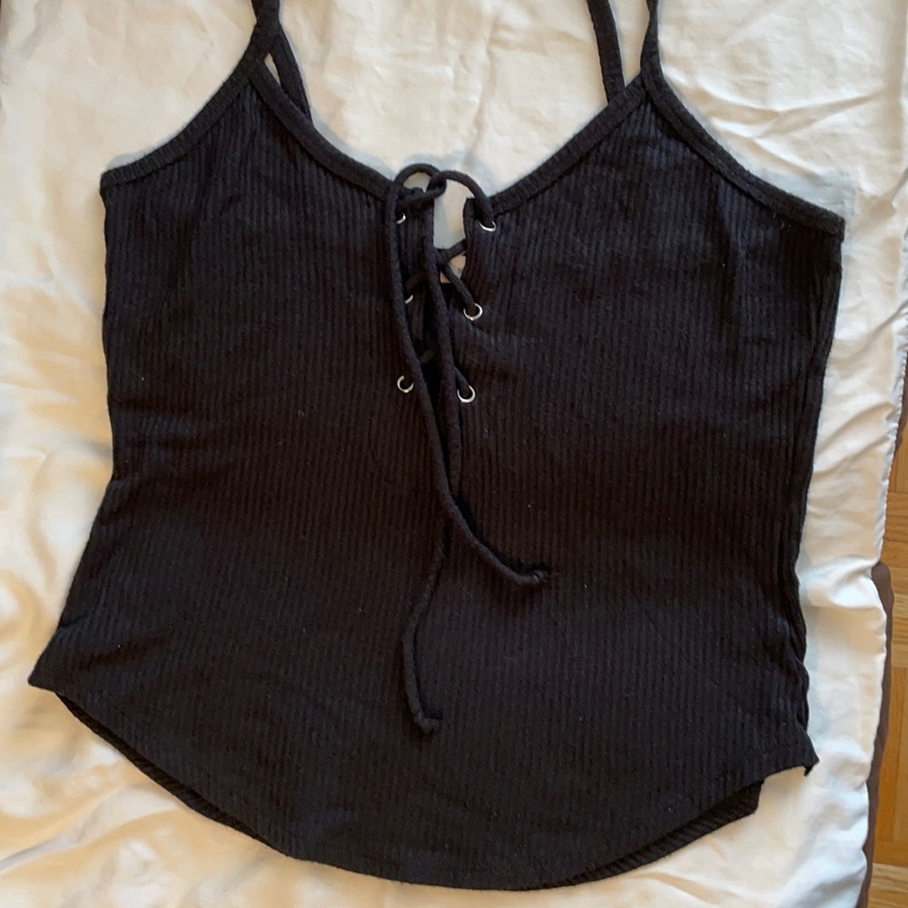 Mind Code - Black strapped top with detailed shoelace front.